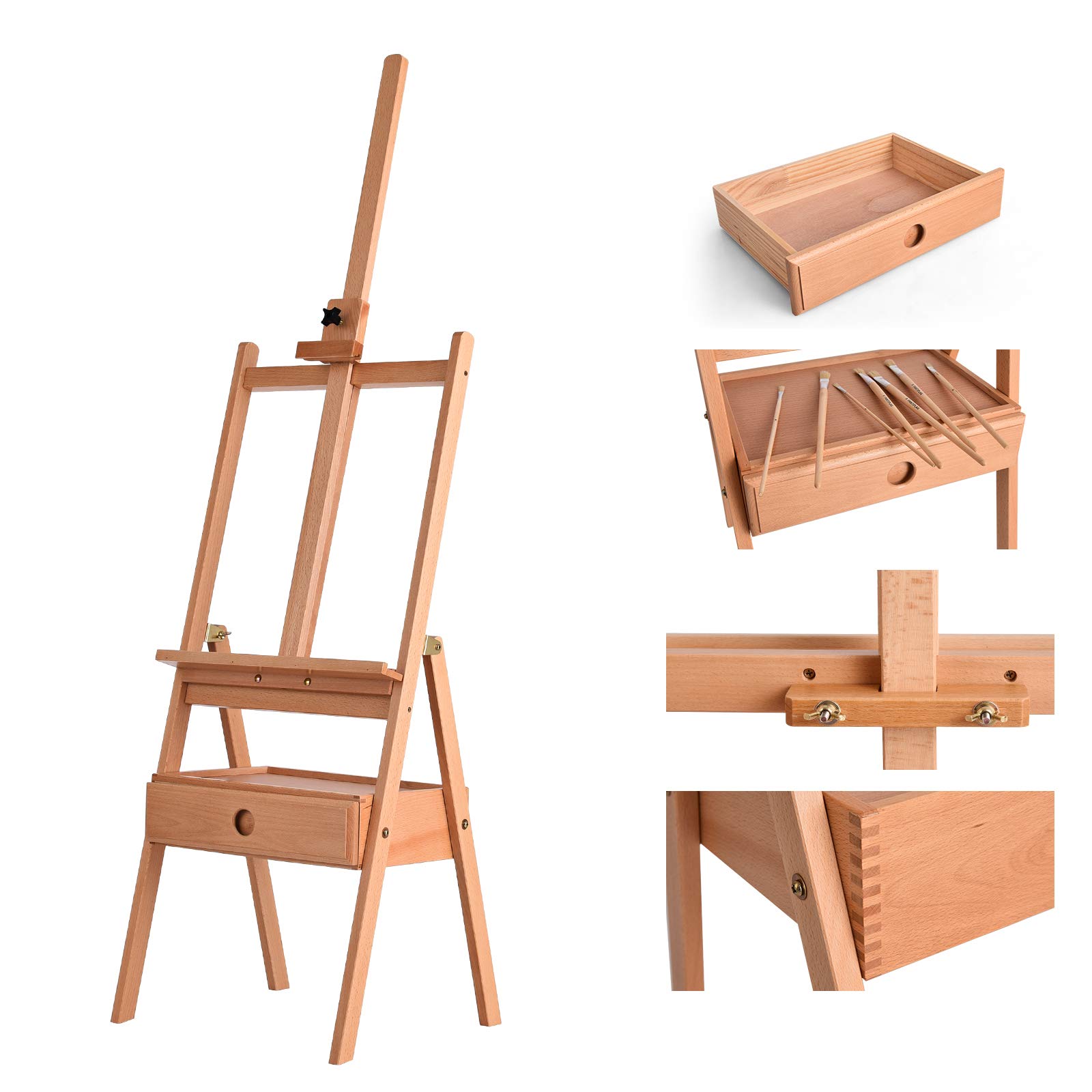 DREAMADE Staffelei Holz mit Schublade, 151-194cm höhenverstellbare Präsentationsstaffelei Holzstaffelei, Leinwand Ständer aus Buchenholz, Standstaffelei für Keilrahmen bis 92cm