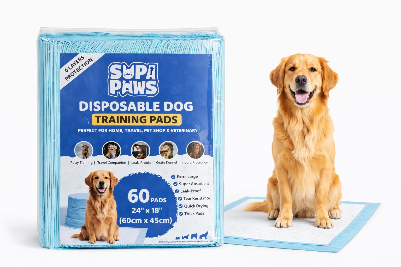 Supa Paws Blue Pack Of 60 Dog Pee Pads 60 X 45 Cm 6 Layers Puppy Potty Training Pads For Dogs Super Absorbent Leak Proof Quick Dry Disposable Pads For Puppies Waterproof Odour Control Floor Protection Dog Pads