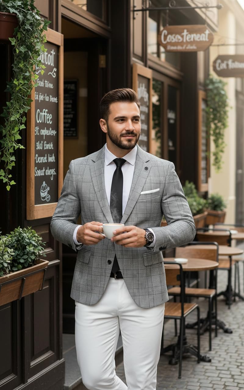 Men's Blazer Casual Checked Suit Jacket Slim Fit Two Buttons Business Lightweight Sport Coats