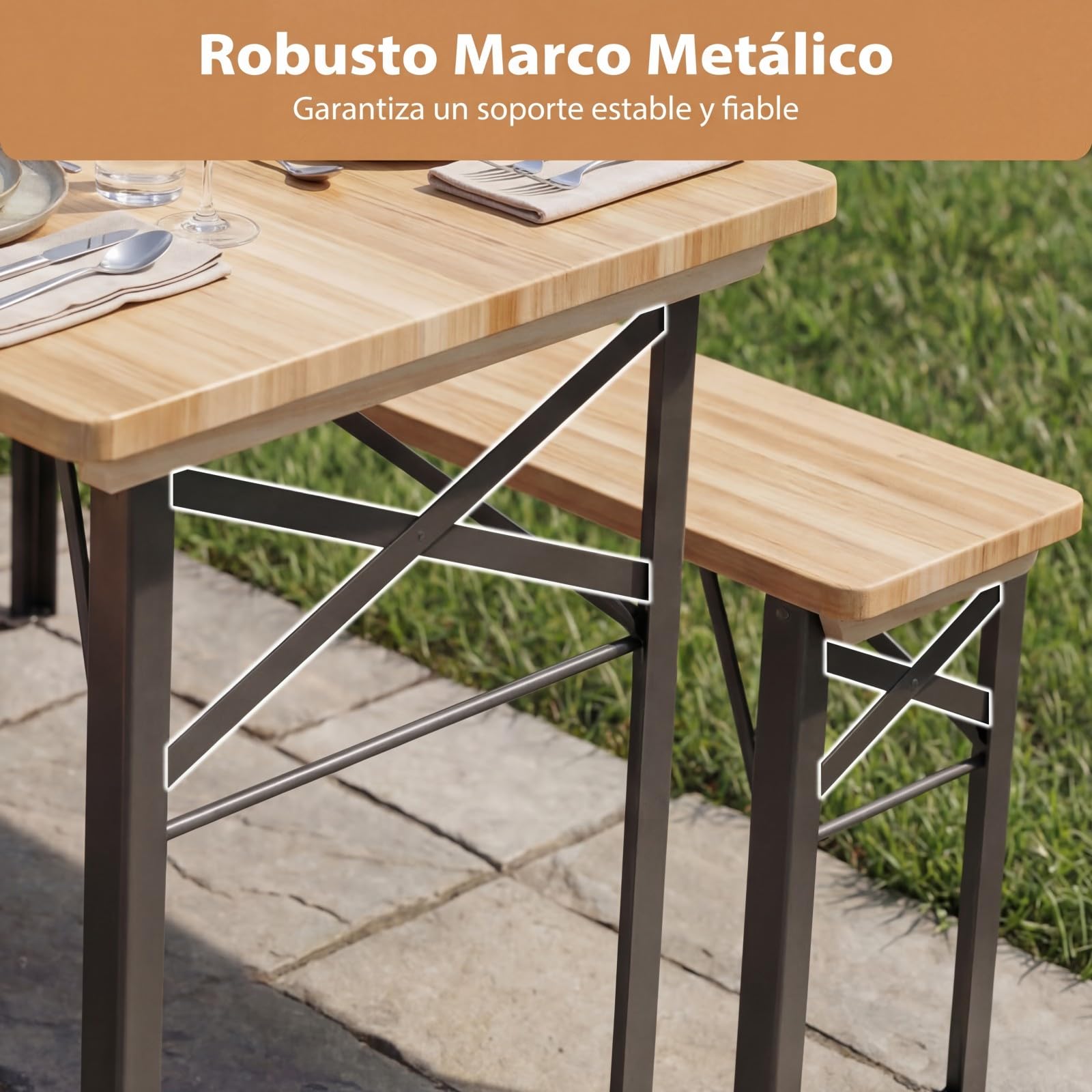 COSTWAY Conjunto de Mesa y 2 Bancos de Exterior, Mesa de Comedor y Bancos Plegables de Madera de Abeto con Estructura Metálica, sin Montaje, Ideal para Acampadas, Picnics, Natural
