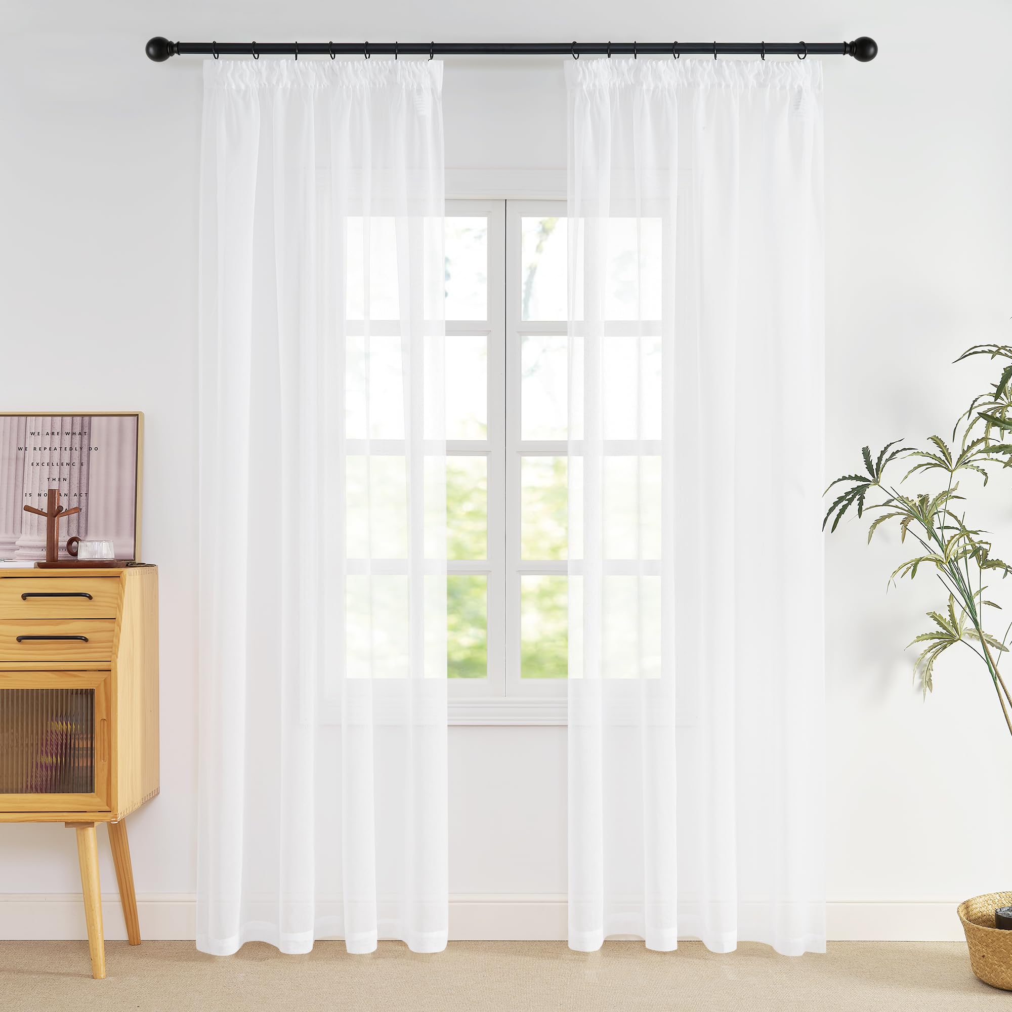 NICETOWN Curtain, White Transparent Voile Curtains with Ruffle Tape for Rail, 225 cm High Curtains, White Living Room Curtain, Transparent Sheer Curtains, Set of 2, H 225 x W 140 cm