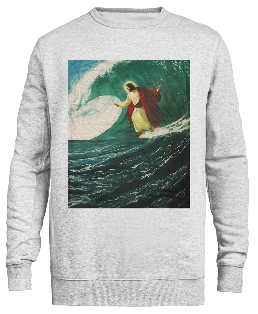 Gesù Surfista Sweatshirt Grigia Unisex Eco-Friendly Unisex Grey Sweatshirt Eco-Friendly Crewneck