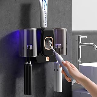 Toothbrush Sanitizer,Toothbrush Sanitizer Holder, Sterilization & Timing Functions, Rechargeable Cordless 2 Cups Wall Mounted Toothbrush Sterilizer for Bathrooms (Black)