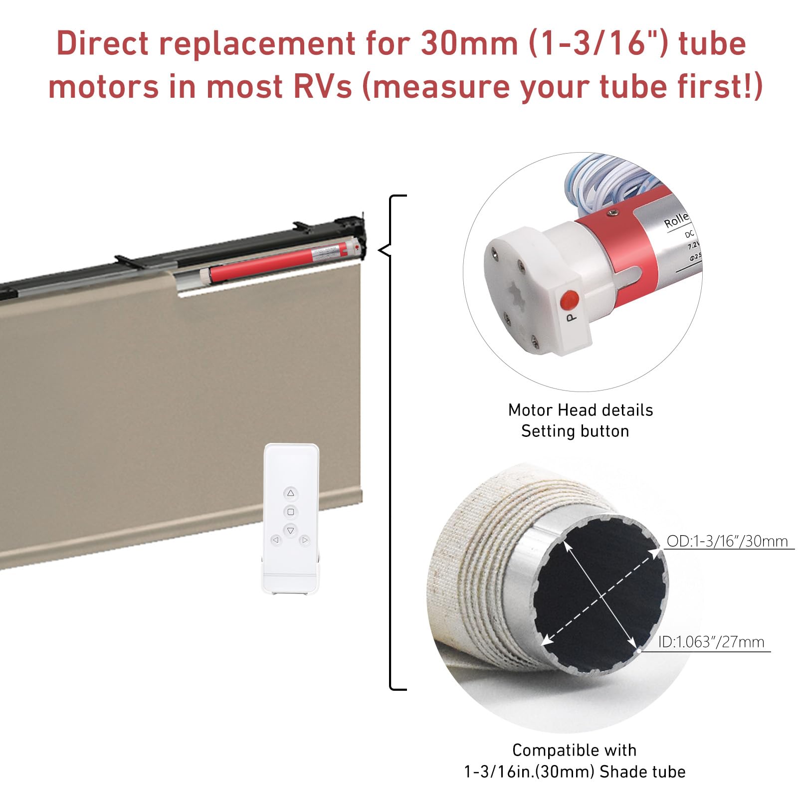 Motor de repuesto para persianas y persianas de autocaravana de 1-3/16 pulgadas (30 mm) - Motor de tubo de sombra de 12 V con control remoto, alimentación con fuente de alimentación CC 12 V 2 A