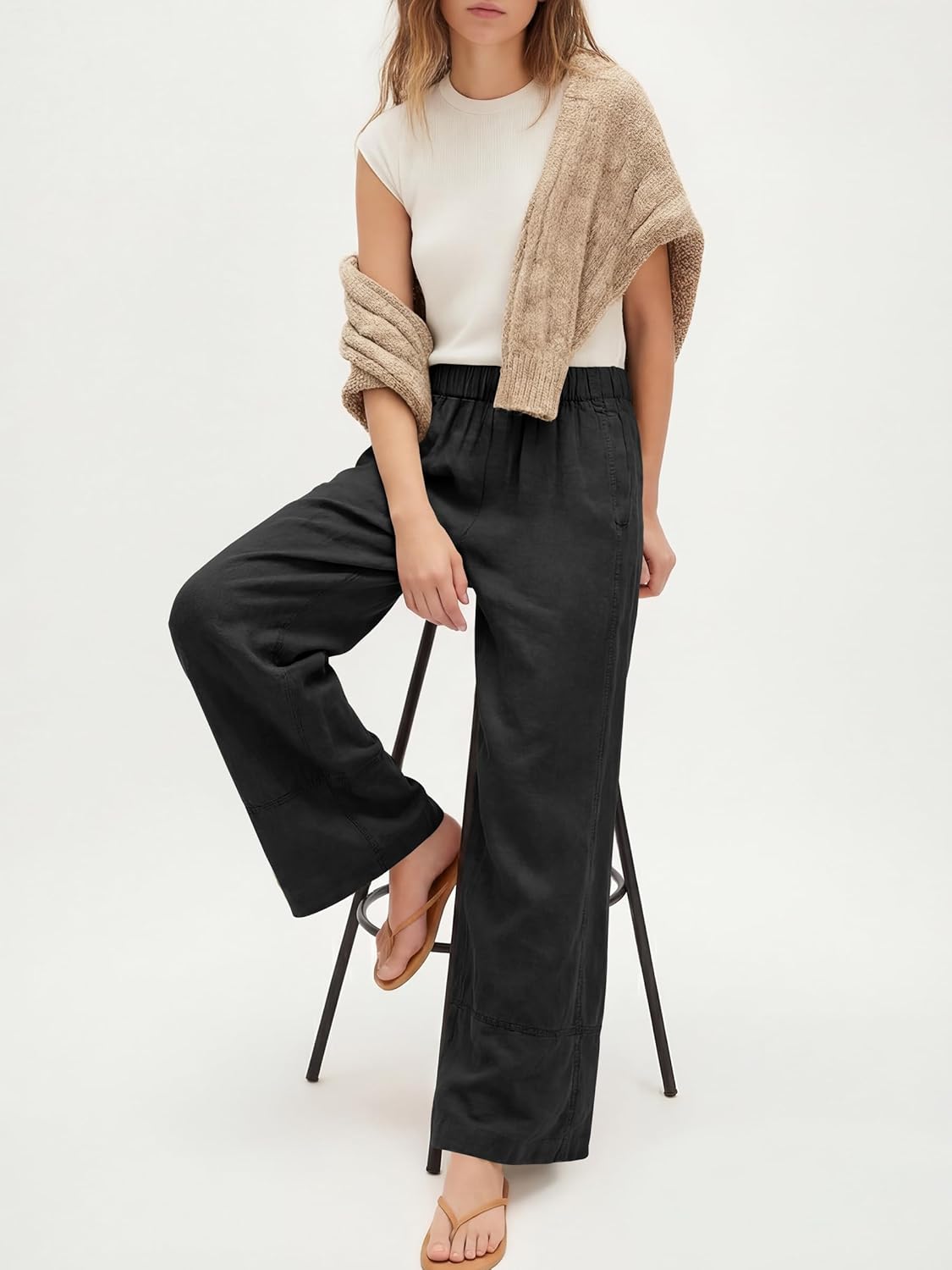 ANRABESS Women's Wide Leg Linen Pants Summer Boho Casual Elastic Waist Long Lounge Travel Pants Trousers with Pockets
