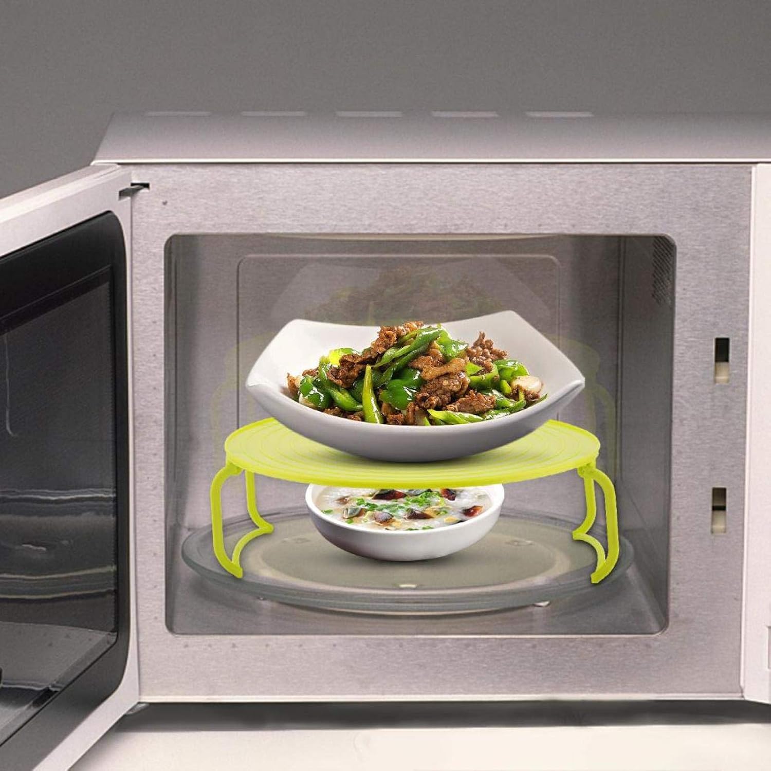Multi-Functional Microwave Plate Stacker, Foldable Microwave Rack Tray with Handle Microwave Oven Steam Rack Double Layer Dish Tray - Image 5