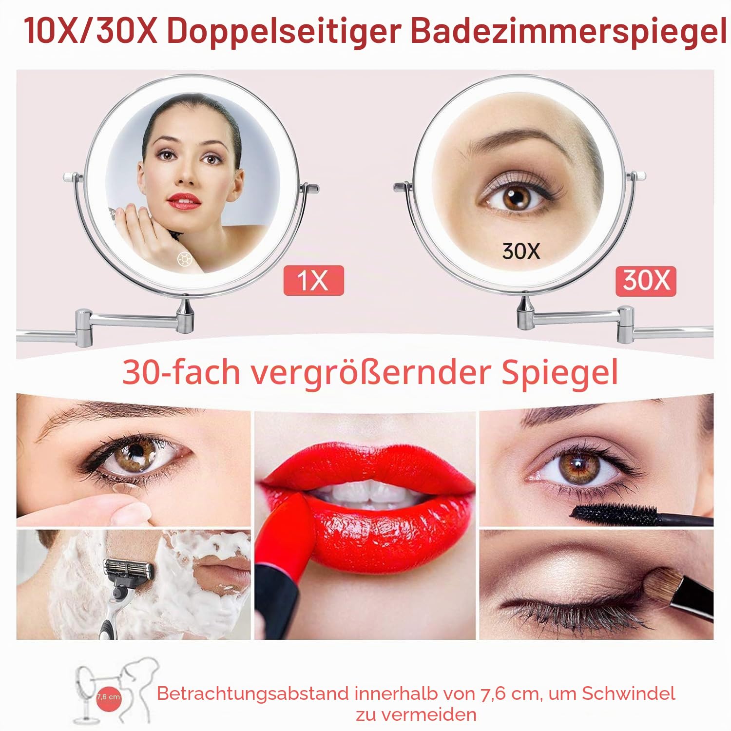 FUNTOUCH 4000mAh Wiederaufladbar Kosmetikspiegel mit Beleuchtetung, 1X 30X Spiegel Vergrößerung Wandmontage, Dimmbarer Rasierspiegel 3 Farben, Touchscreen, 360° Drehbar, Schminkspiegel für Badezimmer
