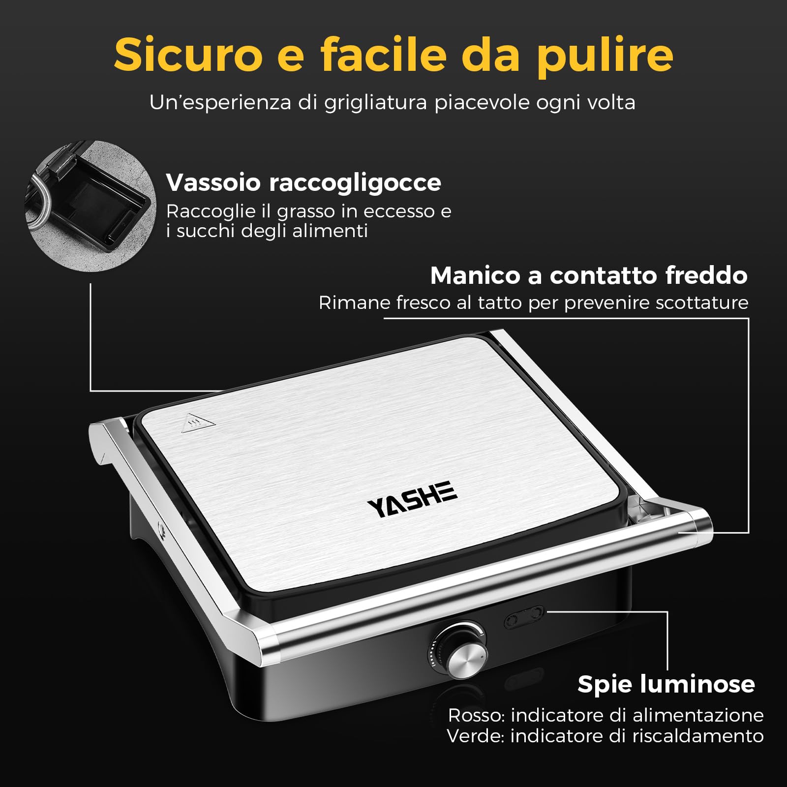 YASHE Piastra Panini 2000W, Tostiera 4 Fette, Griglia Elettrica Apribile 180°, Temperatura Regolabile, Piastre Antiaderenti Non Removibili, Manico Termoisolato