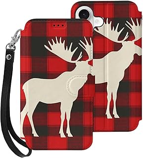 Moose Silhouette Buffalo Plaid Check Flip Case Compatible with iPhone 17/17 Air/17 Pro/17 Pro Max Protective Phone Cover Kickstand Lanyard