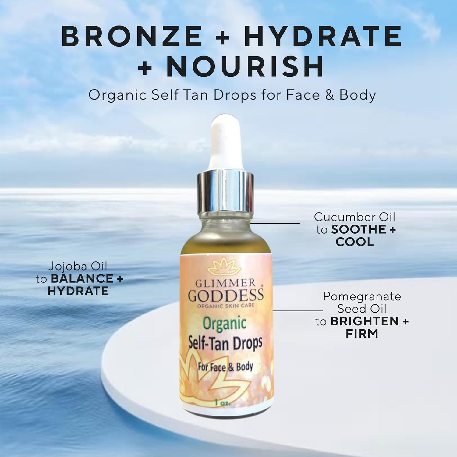 Glimmer Goddess Organic Self Tan Drops for Face & Body - Unscented, Vegan, Natural Bronzing, Streak-Free, All Skin Types, 1 oz., Organic Ingredients, Paraben-Free, Cruelty-Free - Image 6