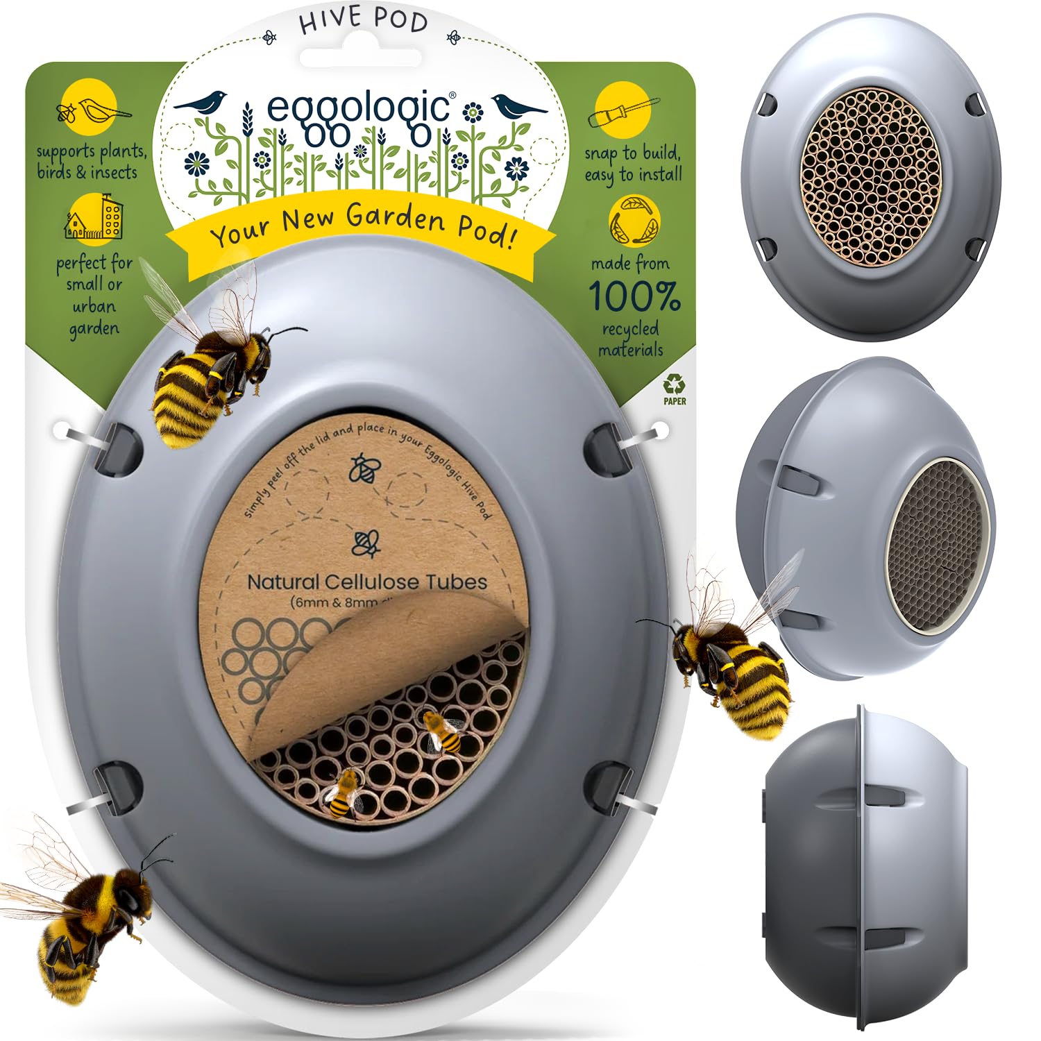 eggologic Hive Pod Bee Hotel, Modern Insect House for Gardens – Solitary Bee House with Natural Nesting Tubes, Wall-Mounted Bug Box for Pollinators, for Gardeners - Stone Gray