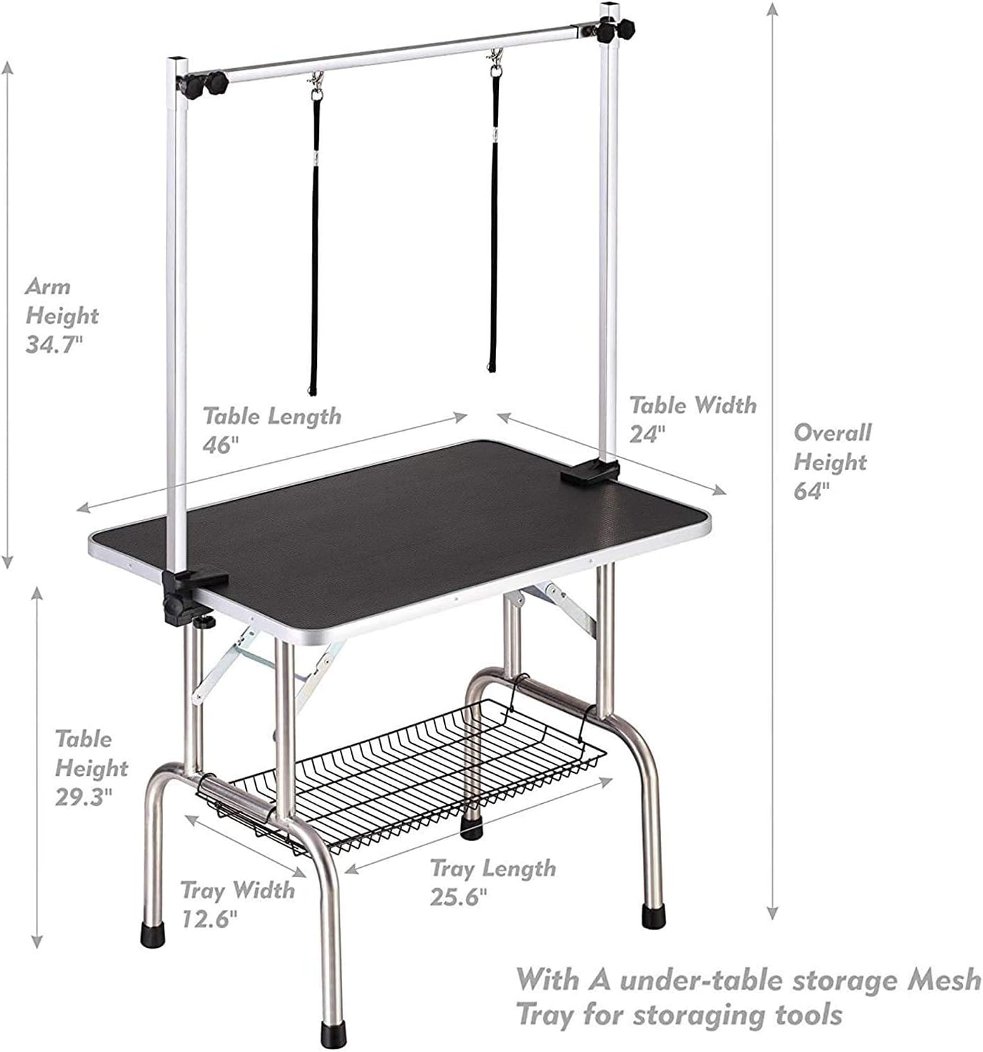 Dog Pet Grooming Table for Large Dogs Adjustable Height - Stainless Steel Foldable Professional Pet Station at Home, Portable Trimming Table Drying Desktop with Arms Nooses & Mesh Tray, 46''/ Black