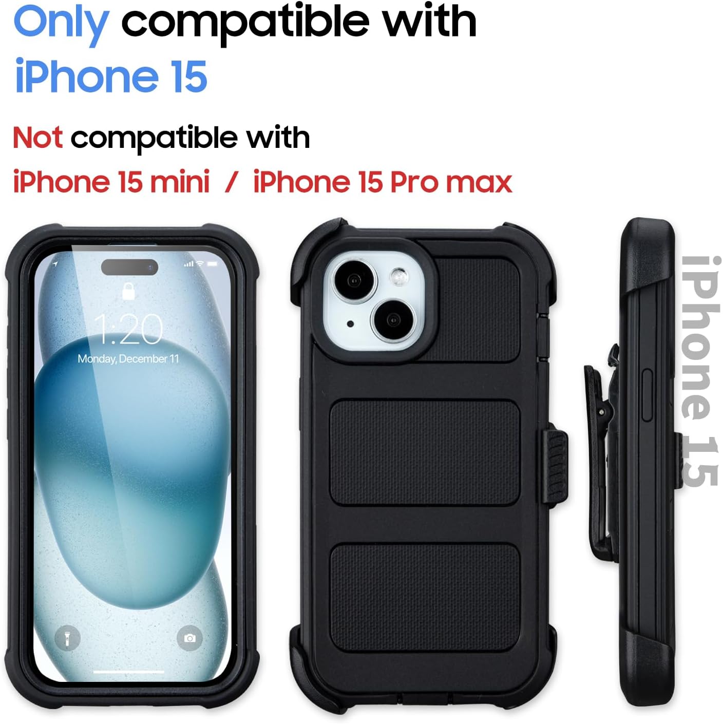 Compatible with Defender iPhone 15 Case with Clip,Holster with Kickstand,for Heavy Duty iPhone 15 Phone Case Rugged 2 Layers of Sturdy,Anti-Drop for Phone Case iPhone 15Case Protective(Black)