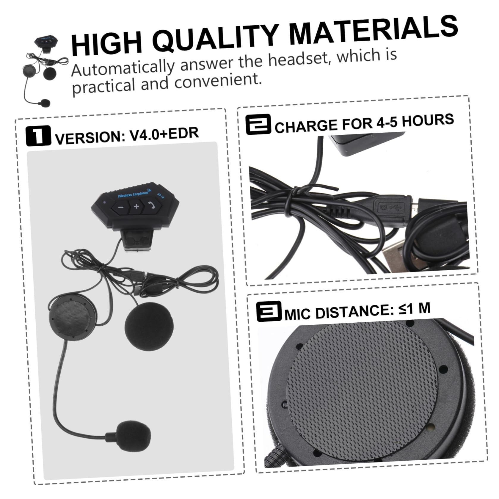 Auricolare Wireless per Casco da Moto, Stereo, Nero