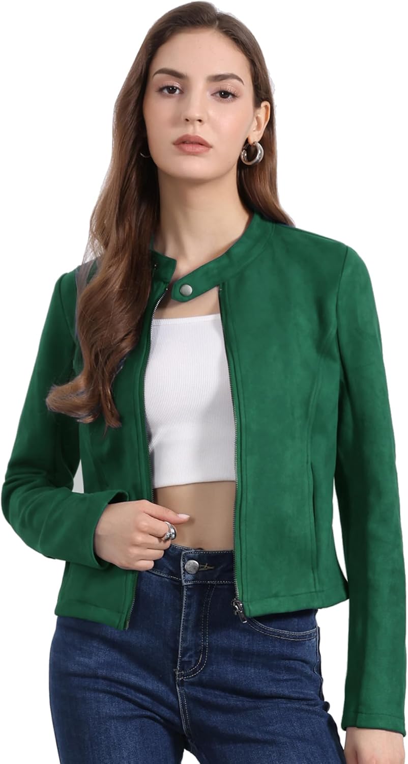 Allegra K Women's Faux Suede Jacket Stand Collar Zip Up Long Sleeve Motorcycle Biker Coat