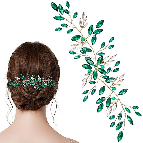 Miniatura 8 de Aswewamt Diadema de cristal con perlas verdes, diadema de vid de boda, diadema de hojas verdes, diadema de diamantes de imitación, diadema de novia