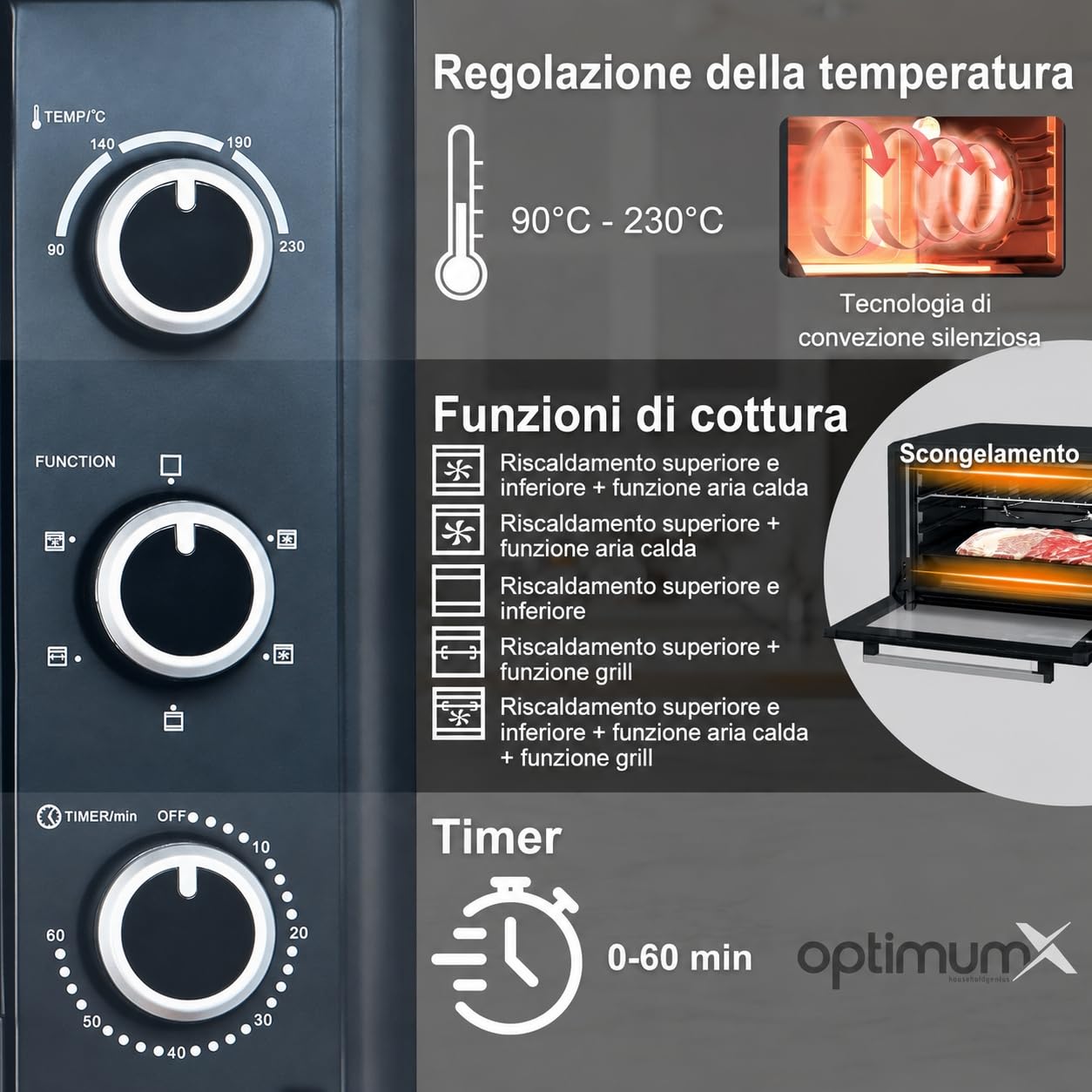 OptimumX Forno Elettrico 60L Ventilato 2200W Girarrosto Nero