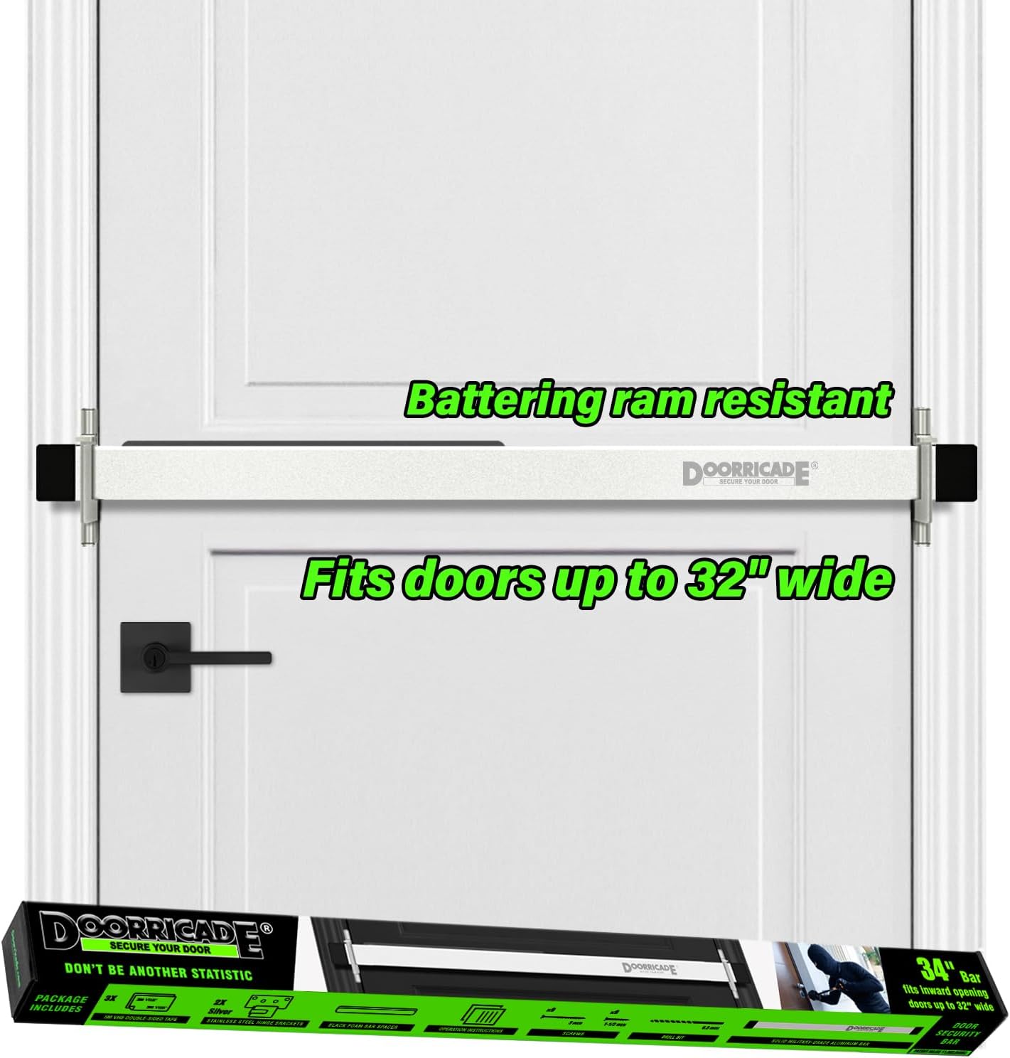 Door Security Bar-by Doorricade-Secure The Entire Width of Your Inward Opening Front Door or Safe Room. fits Doors up to 32" Wide.