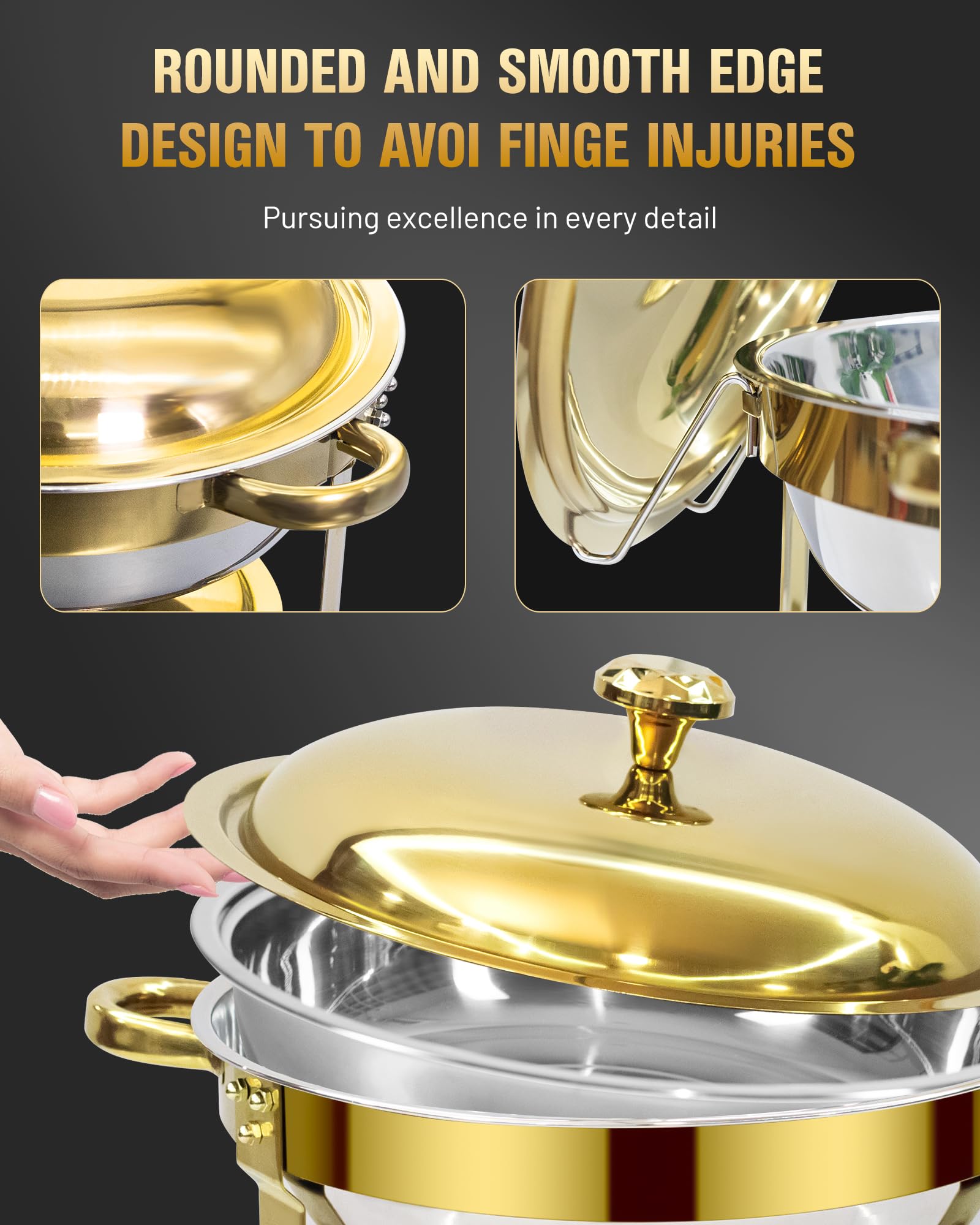 6L Scaldavivande per buffet, Chafing Dish Rotondo in Acciaio Inox, 4 Pezzi | Scaldavivande Buffet per Alimenti Caldi e Freddi con Portacoperchio, per Catering Ristoranti Feste Matrimoni, Oro e Argento