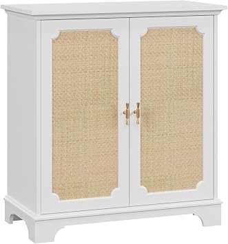 Sideboard Buffet Cabinet with Rattan Doors & Adjustable Shelves, 31" Kitchen Storage Console Table for Dining Room, Living Room, Entryway & Corridor, Solid Wood Legs