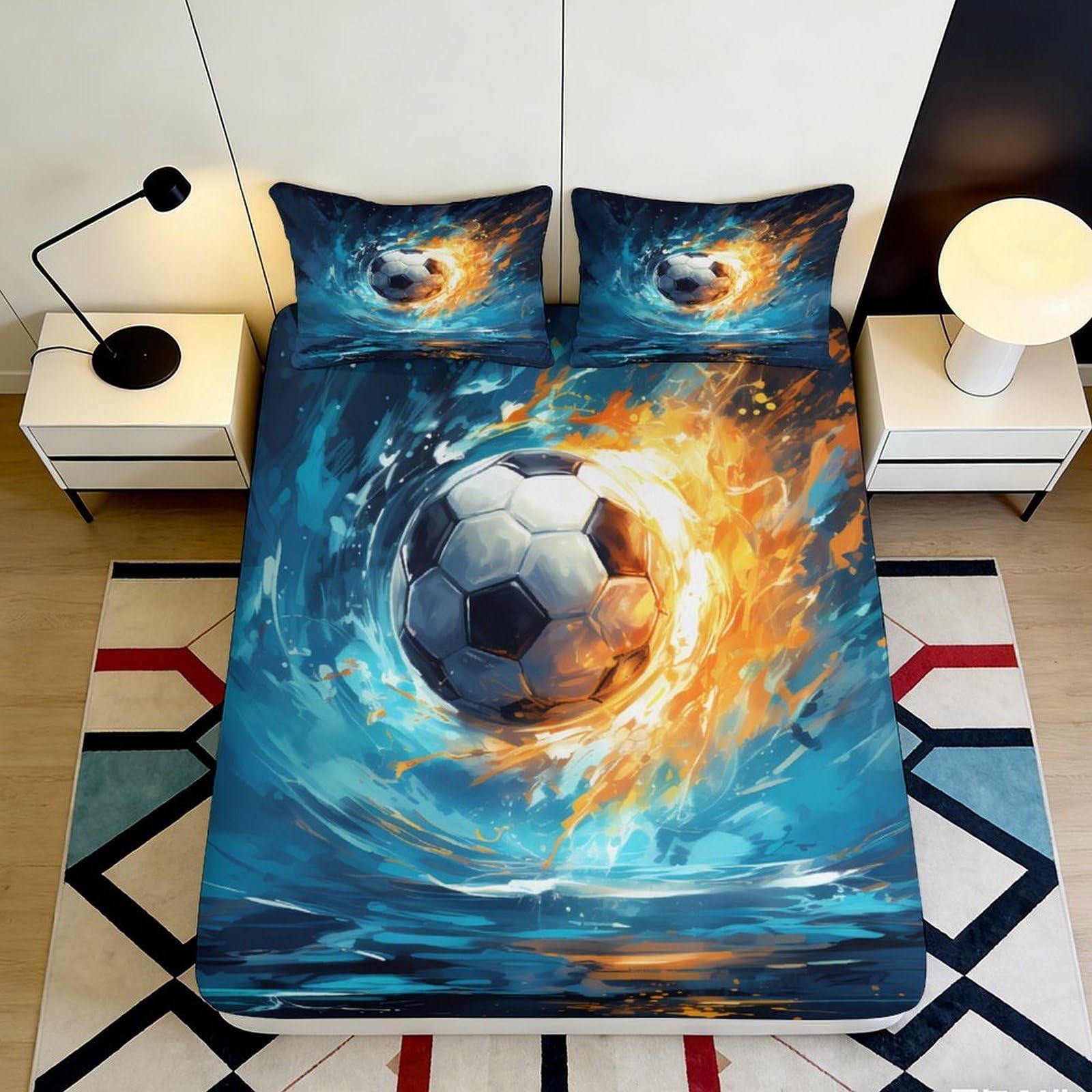 3D Printed Fire Soccer Fitted Sheet Microfiber Soft Decor Water Flame Bed Cover for Bedroom Guest Room Mattress Protection 90x200x25cm