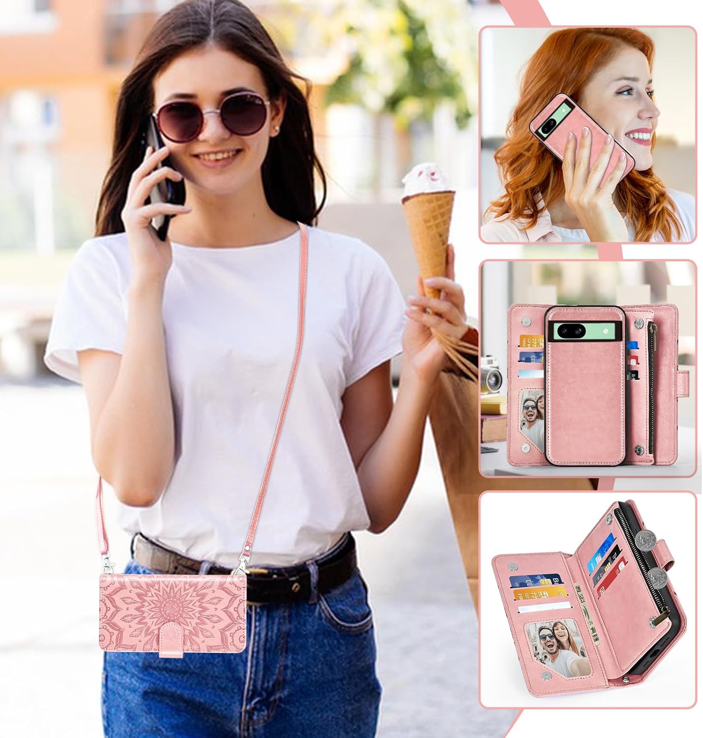 Asuwish Phone Case for Google Pixel 8A Zipper Wallet Magnetic Detachable Cell Cover with Screen Protector Crossbody Lanyard Strap Flower Flip Card Holder Slot Pixel8A A8 5G Women Men Rose Gold