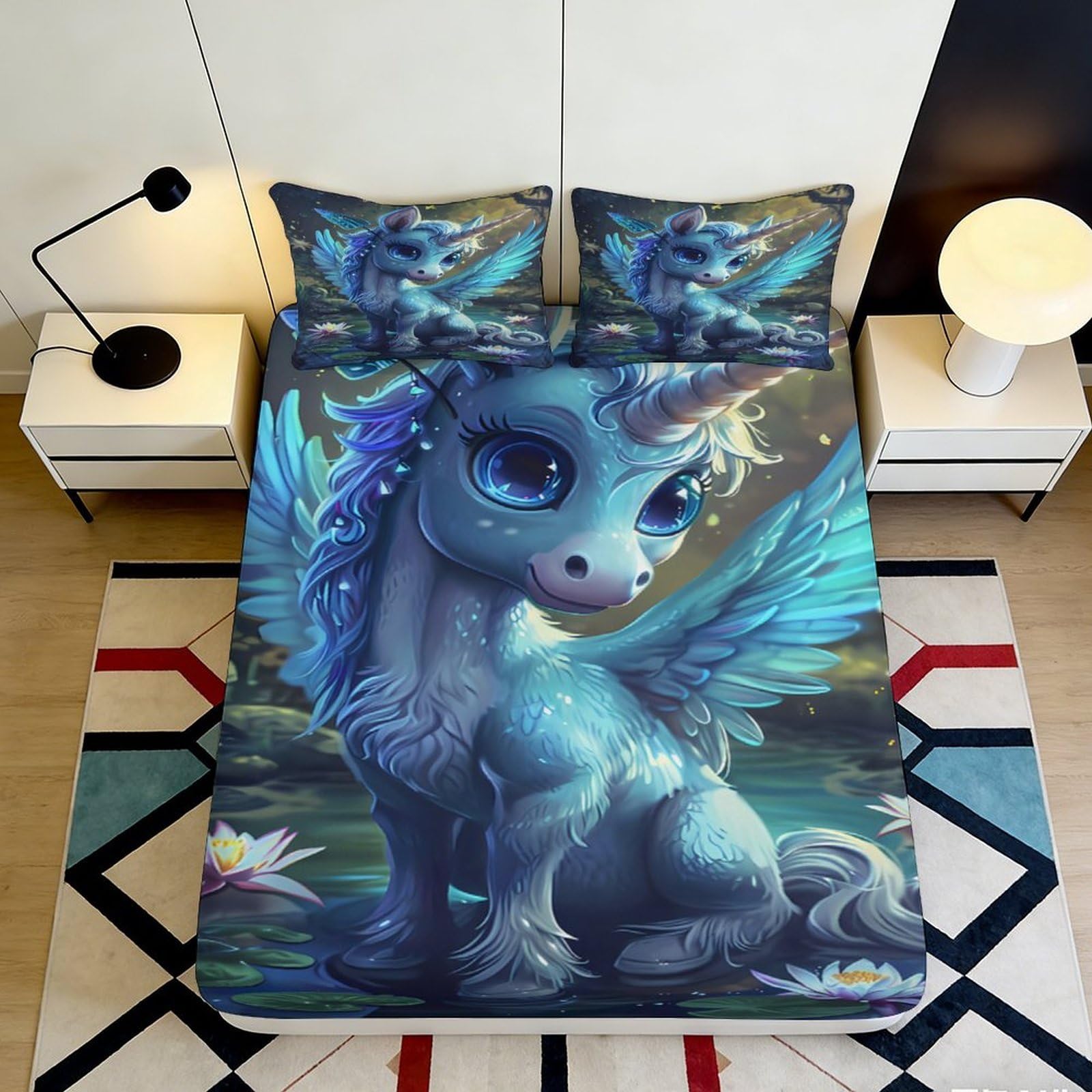 3D Printed Blue Unicorn Fitted Sheet Microfiber Soft Breathable Fantasy Pegasus Bed Cover for Bedroom Dormitory Guest Room Mattress Protection Decor 180x200x25cm