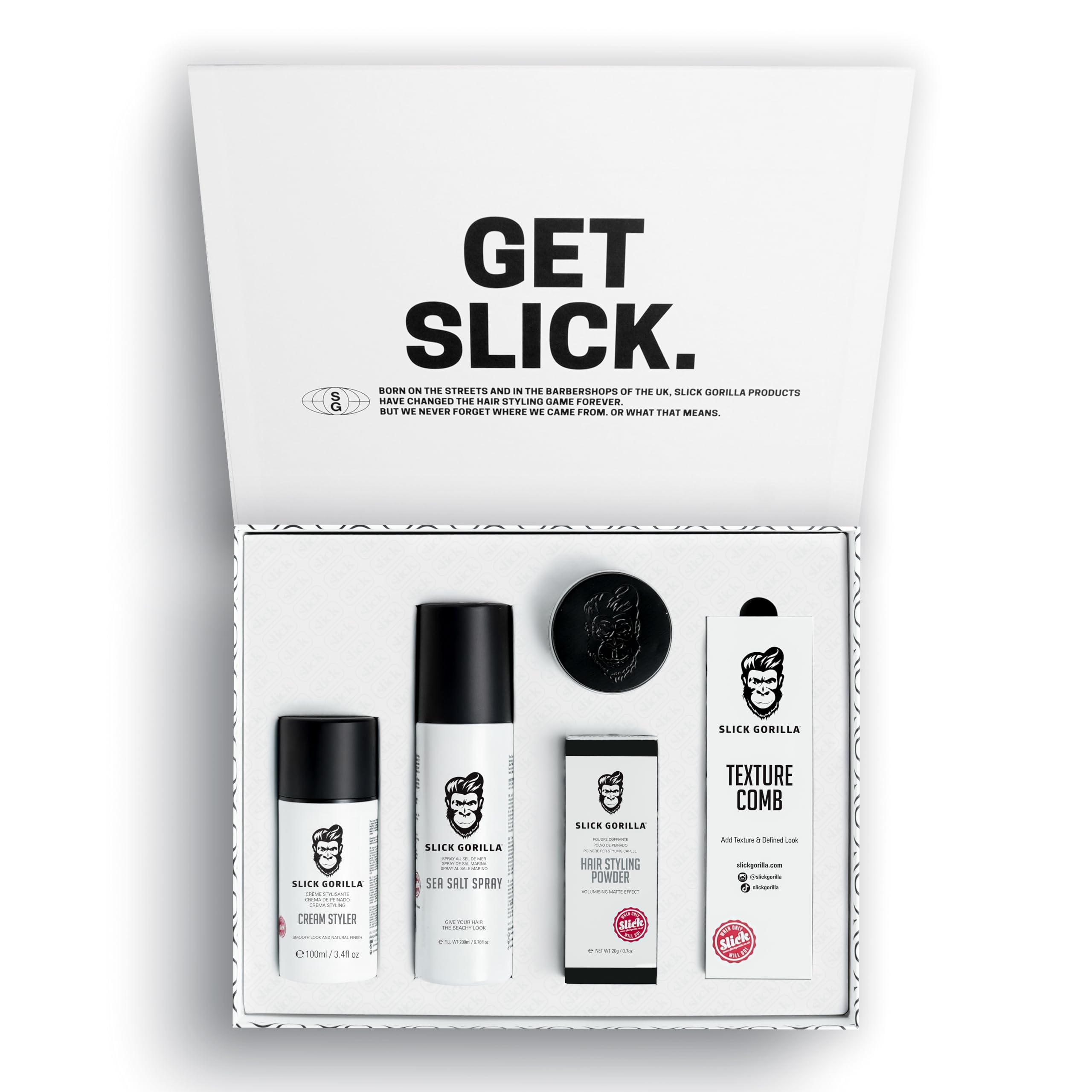 Slick Gorilla Set de Peinado Completo – Set de Regalo con Polvo, Lightwork, Crema Estilizadora, Spray de Sal Marina y Peine Texturizador para Cabello Liso,Ondulado o Rizado