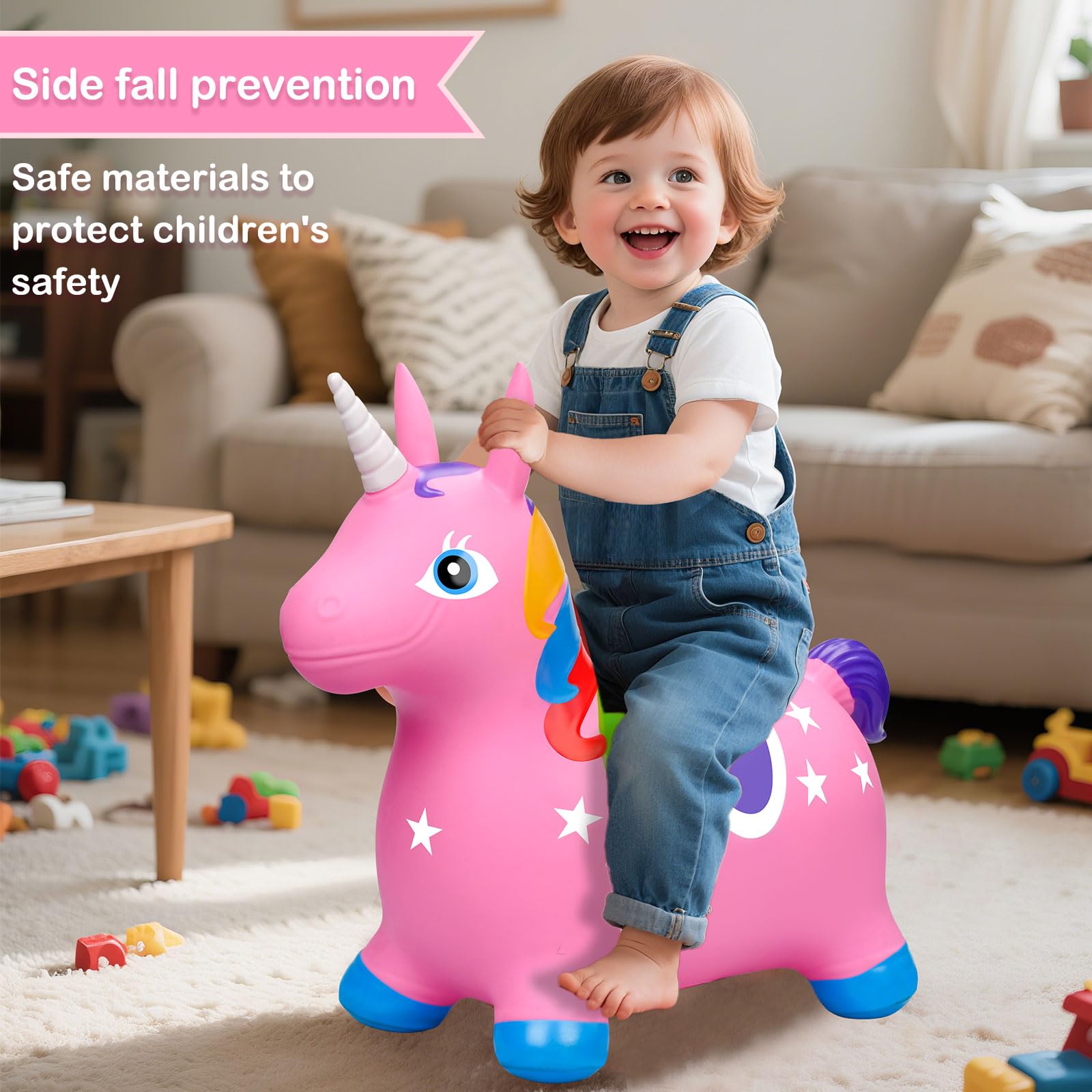 Juguetes de salto con unicornio con bomba de aire – Colorido caballo saltarín para niños de 0–3 años – Juguetes de salto inflables de PVC grueso, no tóxico – Diseño antivuelco, antideslizante y