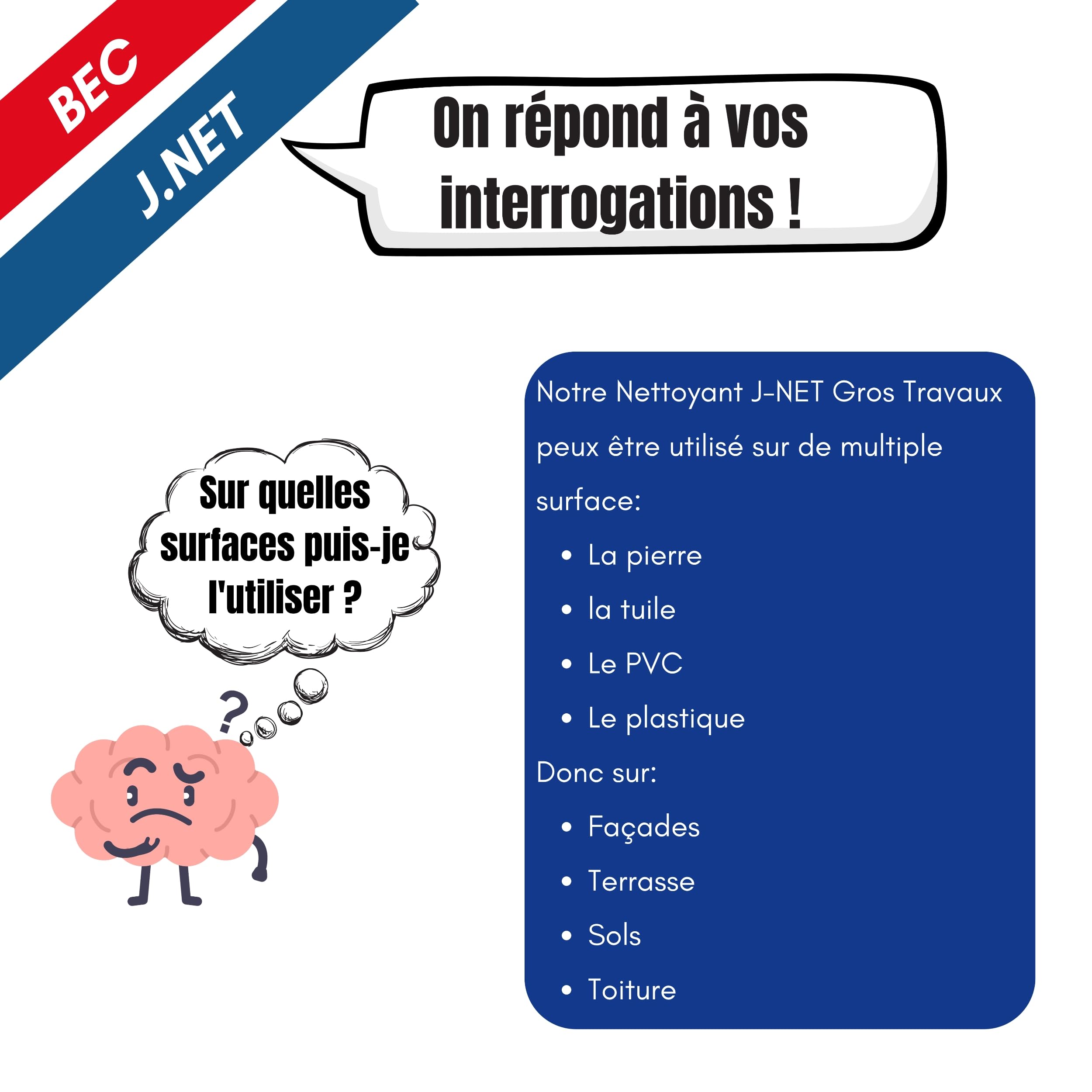 Nettoyant J-net Bec Gros Travaux 10l - Détruit dépôts vert & noirceurs - Nettoyant Puissant multi-surface - Redonne aux façades, toitures, sols leurs état d’origine - Made in France.
