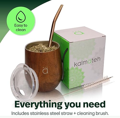 Miniatura 8 de Kalmateh Yerba Mate - Calabaza de doble pared de acero inoxidable con tapa sin BPA, filtro de bombilla y limpiador de bombilla, madera, 8 onzas