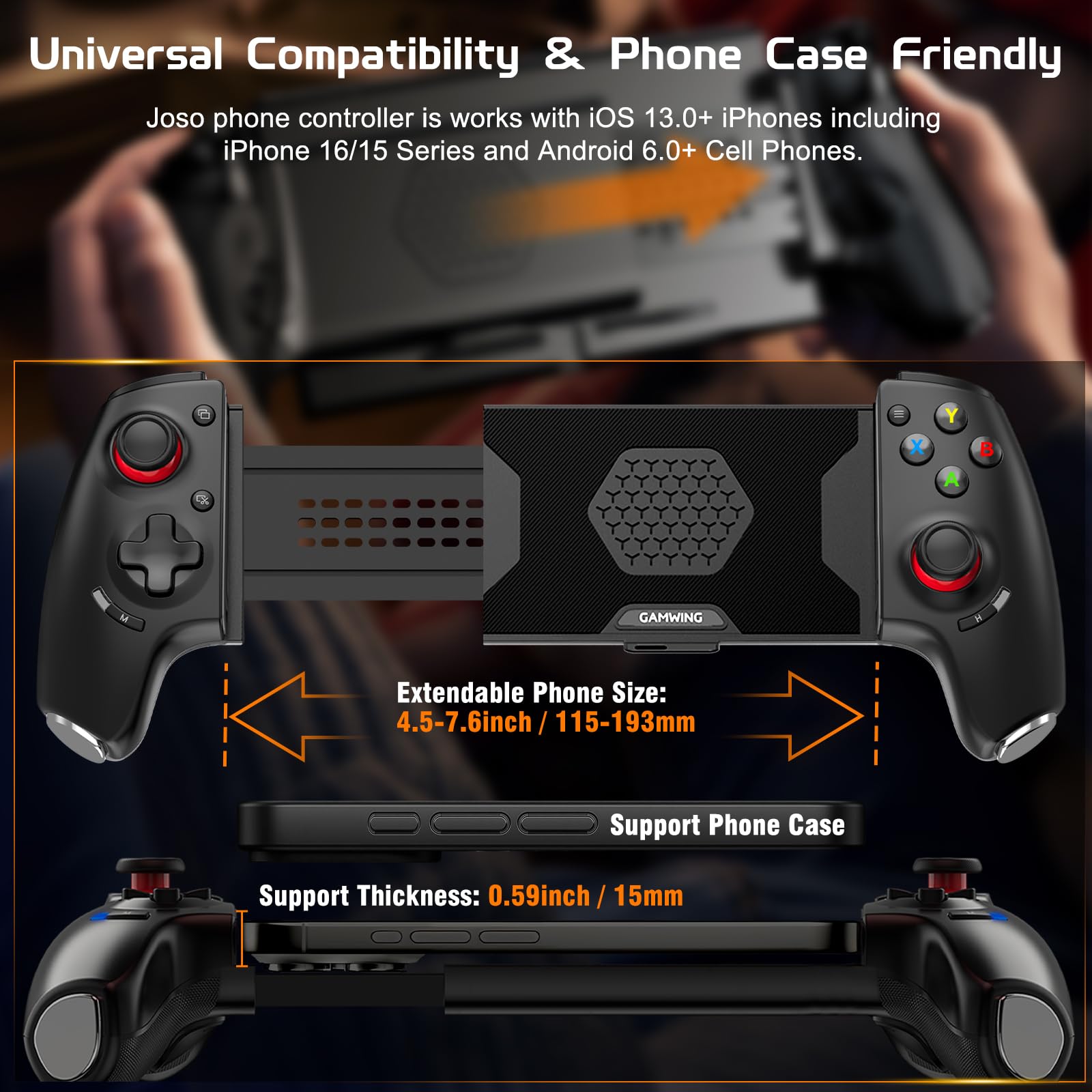 Joso Contrôleur de jeu Mobile pour iPhone & Android, contrôleur de téléphone sans fil Support Phone Case avec Design ergonomique pour Cloud Gaming/PS Remote Play/émulateur
