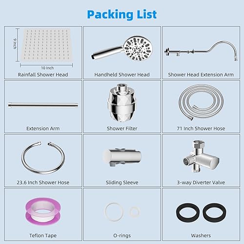 Miniatura 9 de Hibbent Juego de cabezal de ducha de lluvia filtrado de 10 pulgadas de metal para un fácil alcance, sistema de cabezal de ducha de alta presión,