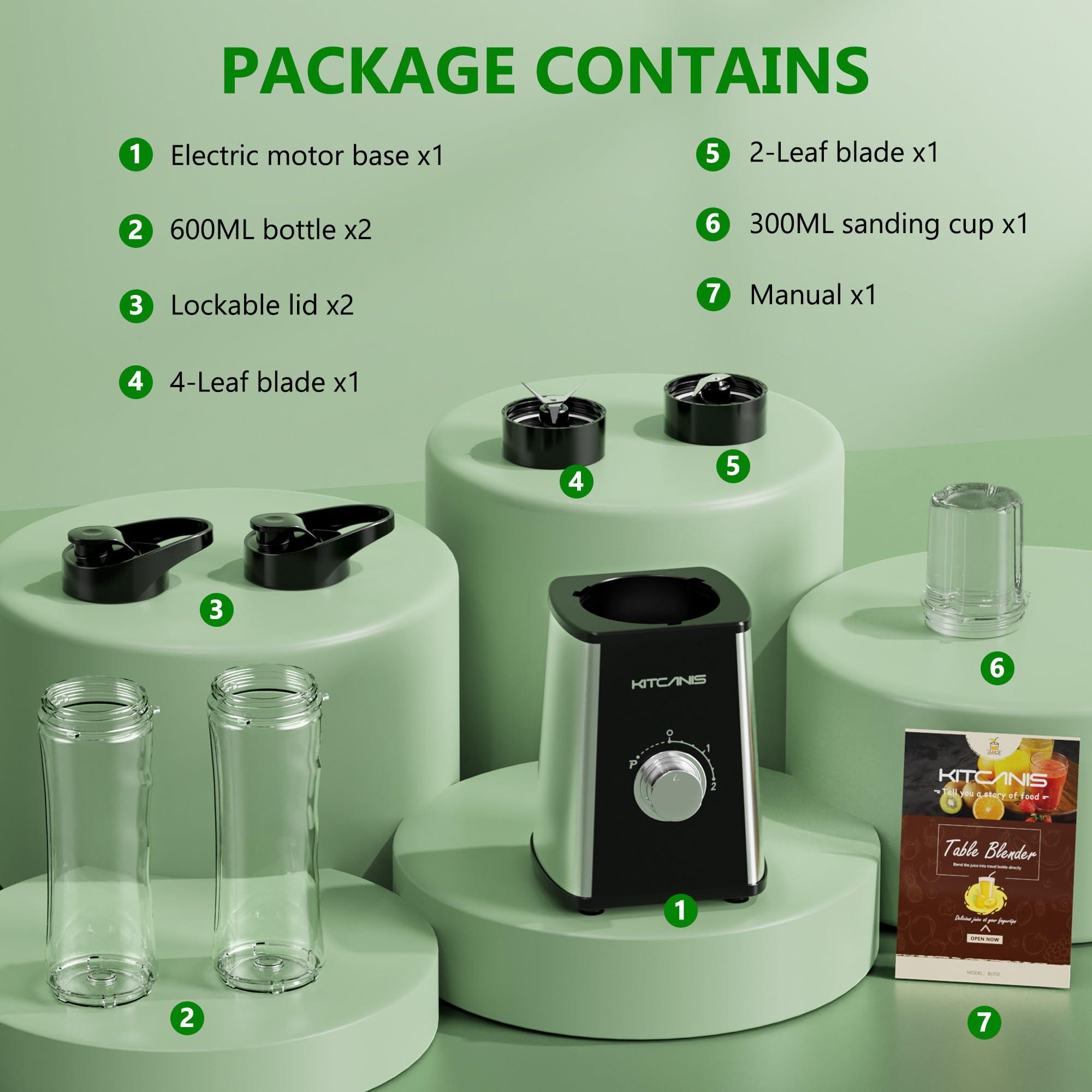 Kitcanis Mini Batidor 3 en 1, Batidora Eléctrica 800 W, 3 Velocidades Ajustables, 2 Botellas Portátiles de 600 ml y 300 ml para Helado, Frutas, Verduras, Nueces