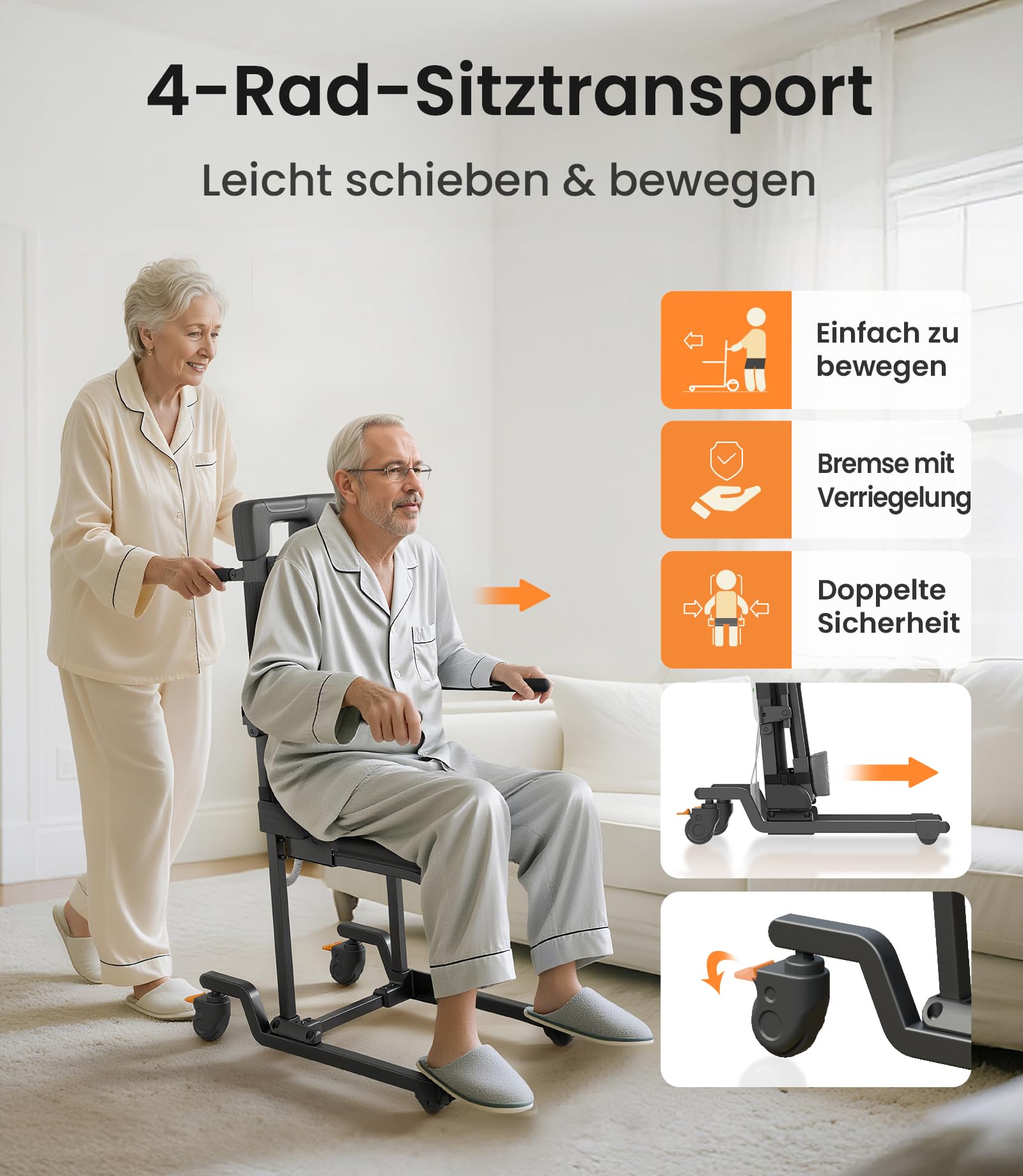 VOCIC AX35 Aufstehhilfe mit Transferfunktion, Rollen & Bremsen | Senioren Sturzhilfe Zuhause, Elektrischer Bodenlift Transferstuhl, Bett Sofa Rollstuhl, 4 Rollen Bremse kompakt 160KG