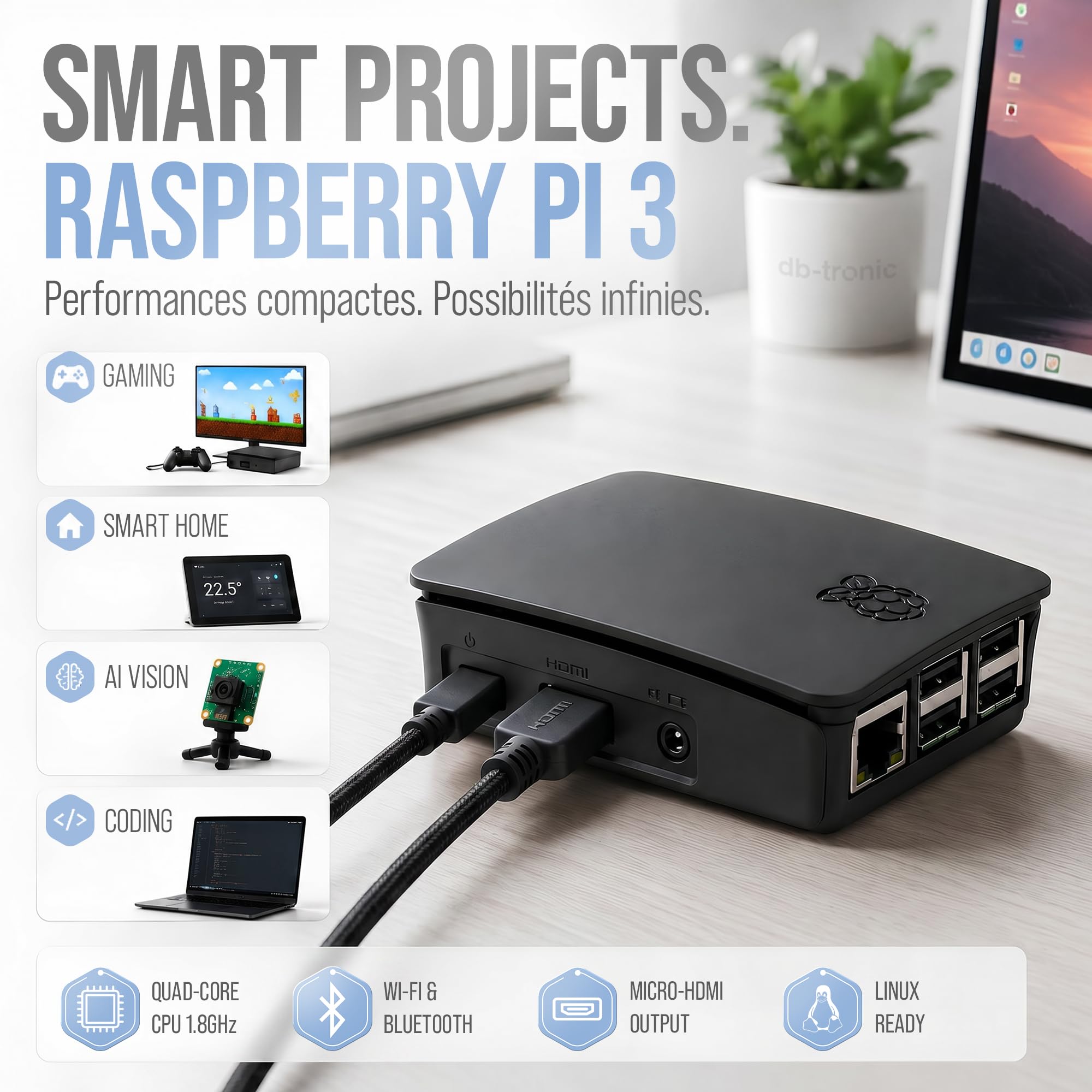 db-tronic Raspberry Pi 3 B+ 1 Go Starter Kit | Édition 64 Go | Alimentation | Boîtier | HDMI 4K | idéal pour Home Assistant et Le Smart Home