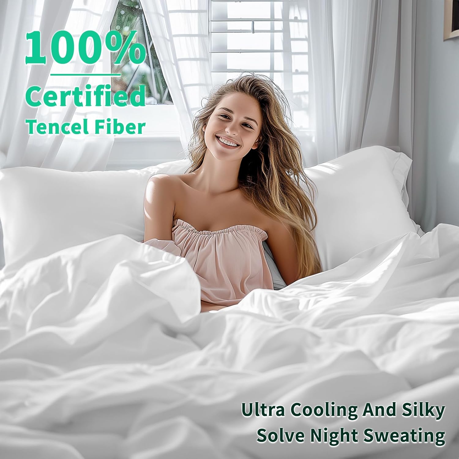 Shilucheng Tencel Sheets 4 Piece, 100% Eucalyptus Lyocell Sheets Set, Cooler Than Cotton and Linen, Summer Cooling Breathable Bed Sheets for Hot Sleepers, 16 Inch Deep Pockets (White, King) - Image 3