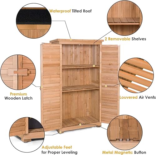 Miniatura 7 de Safstar cobertizo de almacenamiento para exteriores, cobertizo de almacenamiento de herramientas de madera con estantes desmontables y rejillas de