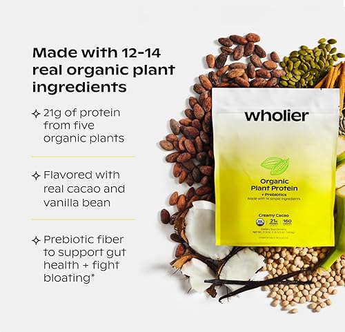 Miniatura 2 de wholier Proteína vegetal orgánica + prebióticos de vainilla. 0.74oz de proteína. 0.18oz de fibra. Prebióticos. Sin encías, rellenos o sabores