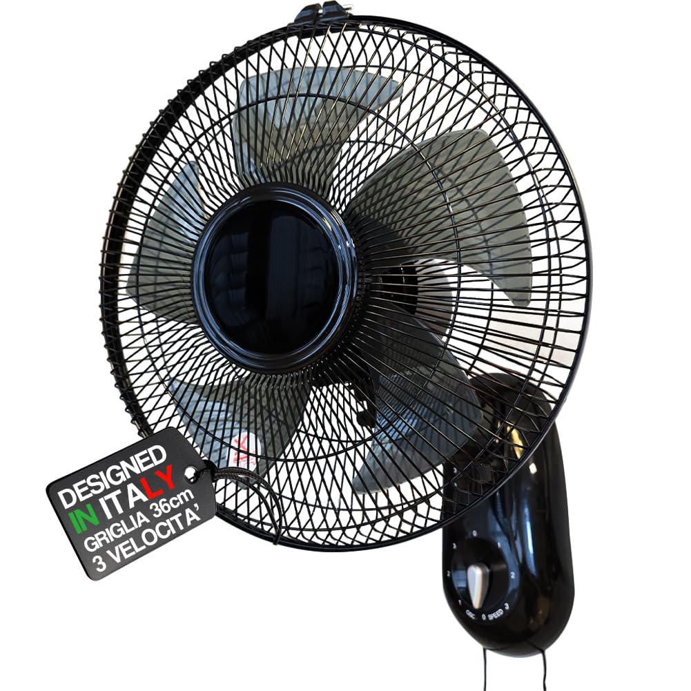 BAKAJI Ventilatore da Parete con Griglia da 36 cm e 3 Livelli di Velocità Selezionabili, Raffrescatore a Muro con 5 Pale in Polipropilene, 65 Watt di Potenza con Oscillazione Laterale Automatica