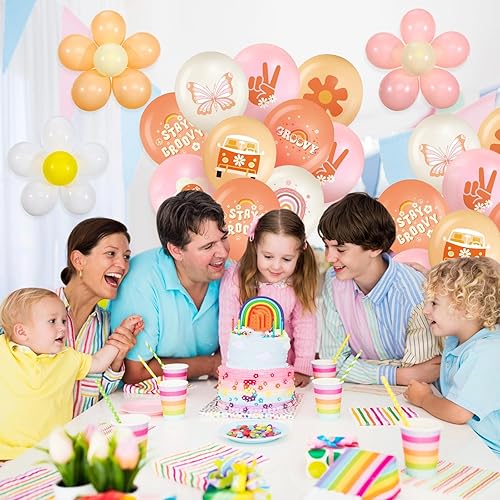 Miniatura 7 de Hiboom 72 globos hippie retro groovy, decoración de fiesta de margaritas bohemias, 12 pulgadas, margarita arco iris, mariposa, símbolo de la paz,