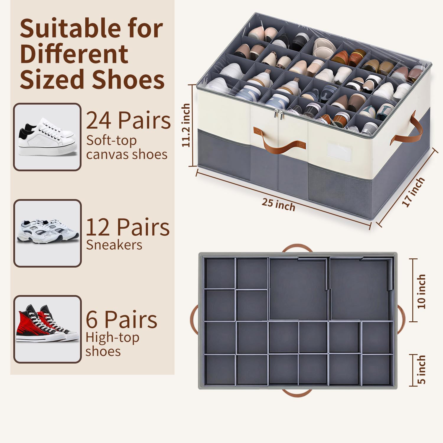 1 Pack Shoe Organizer for Closet Fit 12-24 Pairs with Adjustable Dividers, Large Foldable Shoe Storage Containers Box Bin w with Clear Lid and 4 Handles,with 2 mesh pockets,with Category Lable