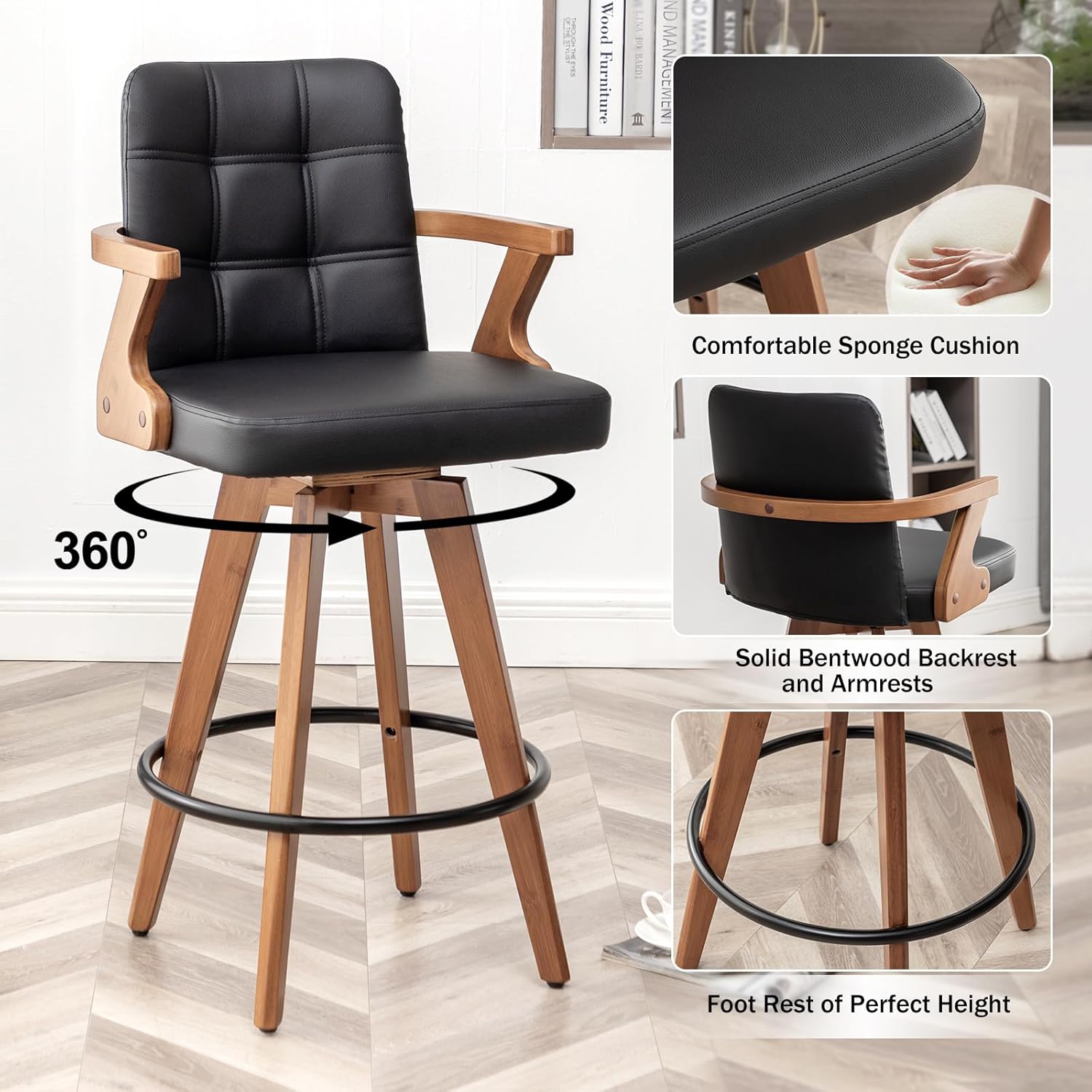 MEKLIBA Black Bar Stools Set of 2, Kitchen Bar Stools 30” H,Modern Leather Bar Height Chairs with Back,Kitchen Island Chairs,Swivel Stools for Kitchen Island