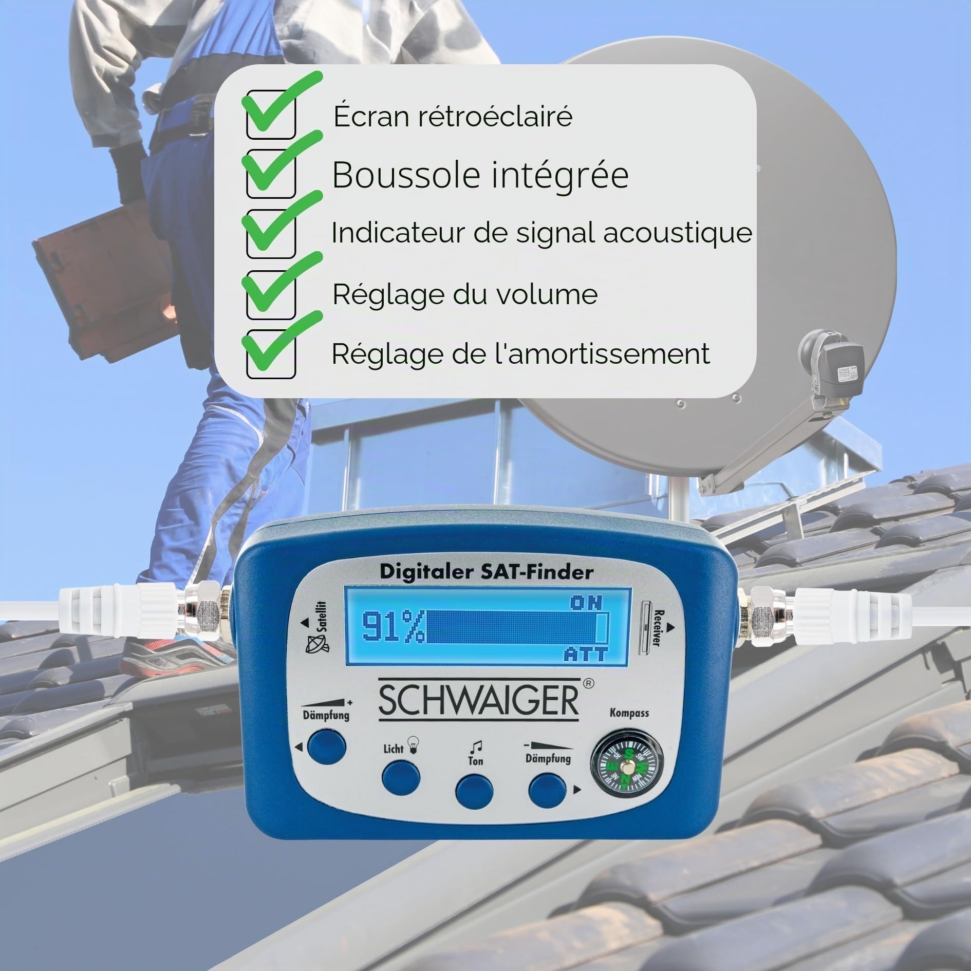 SCHWAIGER -5170- Sat-Finder numérique | Reconnaissance de Satellites | chercheur de Satellites avec Boussole intégrée et Sortie sonore | Dispositif de Mesure pour Un positionnement Optimal
