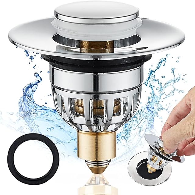 Tomario Universal Sink Plugs, Stainless Steel Bathroom Basin Plug Pop Up Plugs for Wash Basin, Push-Type Sink Plug Replacement Bath Drainer Filter Plug with Bounce Core for 34-40mm Drain Hole