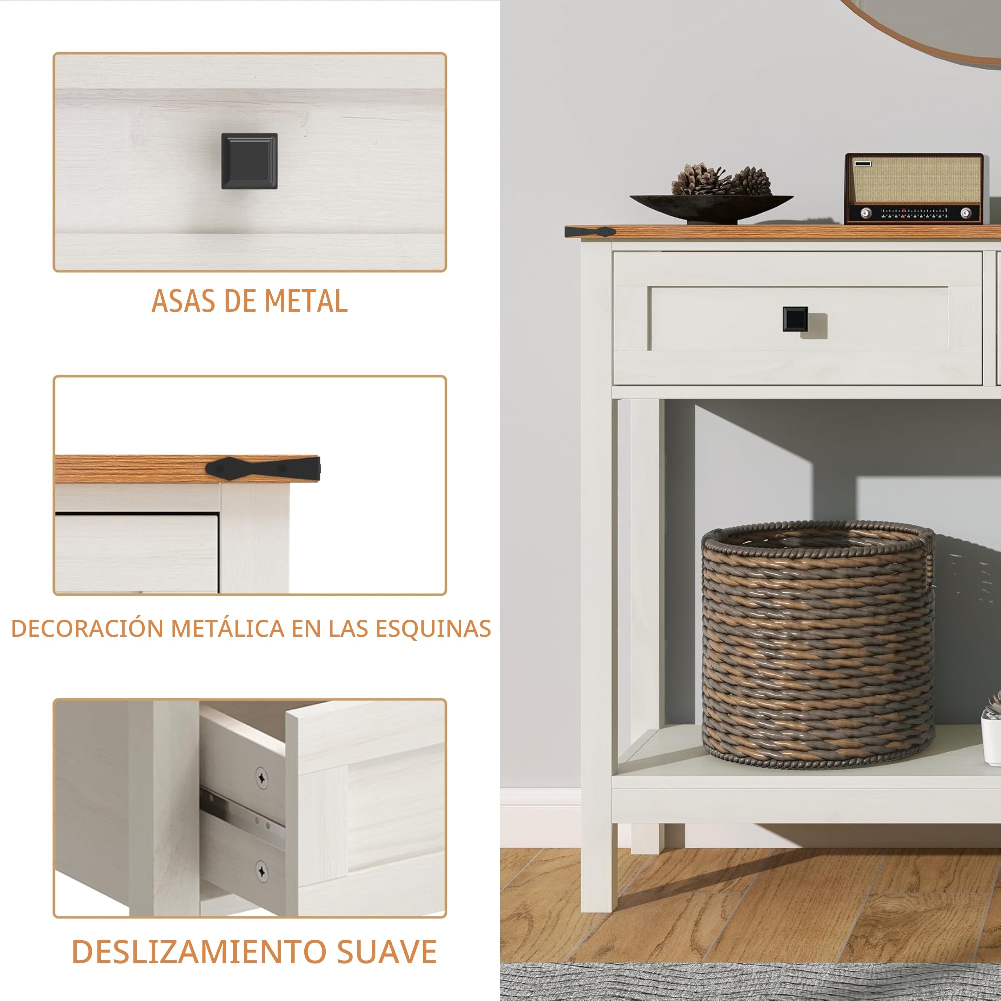 Trironsun mesa consola rústica con 2 cajones para pasillo, mesa de sofá rústica con estante abierto, pasillo de madera para dormitorio y sala de estar (blanco antiguo)