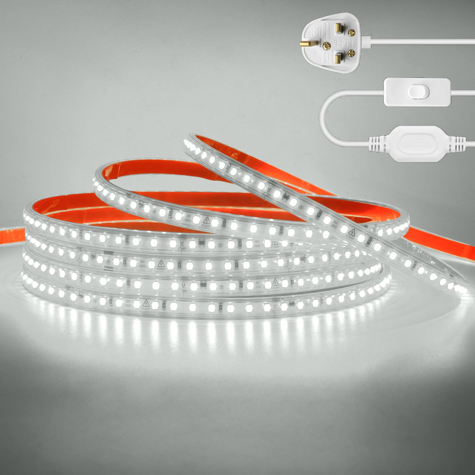 KAFULA 220V LED Strip Light with On/Off [1M,White 6000-6500K],IP65 Waterproof Flexible SMD2835 LED Fairy Lights CRI85+,Every 10cm can be Cut,Bedroom Kitchen Corridor Decoration