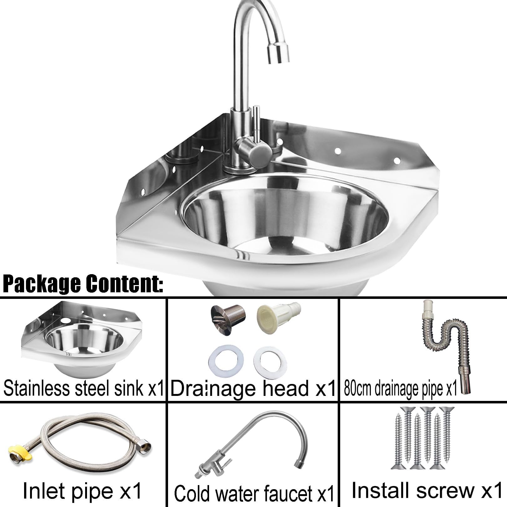 Lavello Angolare in Acciaio Inox da Bar, Mini Lavabo per Piccoli Spazi, Cucina, Bagno (26 cm / 10.3 in)