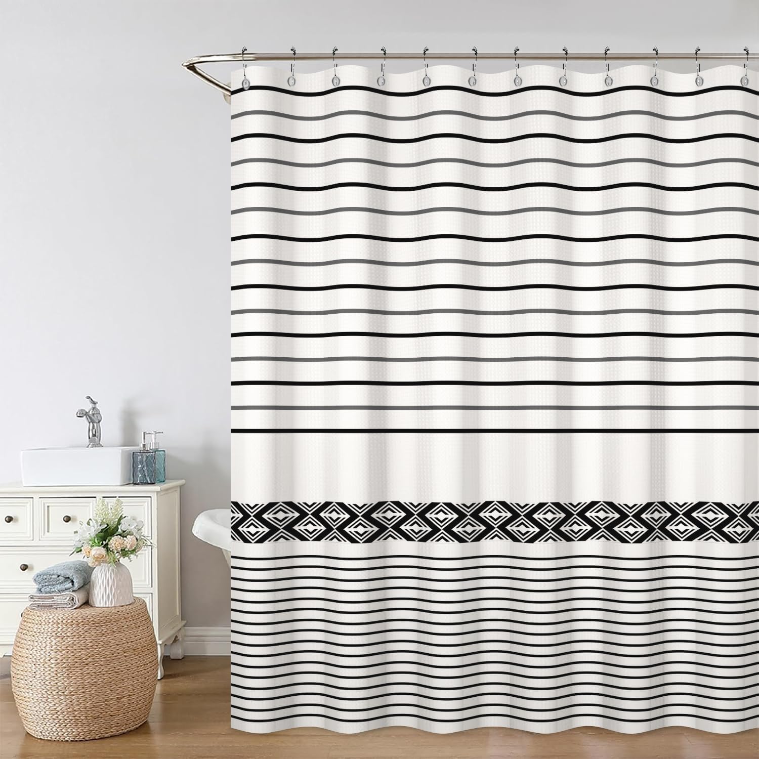 Black Shower Curtain for Bathroom Boho Striped Lines Waffle Fabric Shower Curtain Set with Hooks Modern Farmhouse Waterproof Curtains 72x72inches