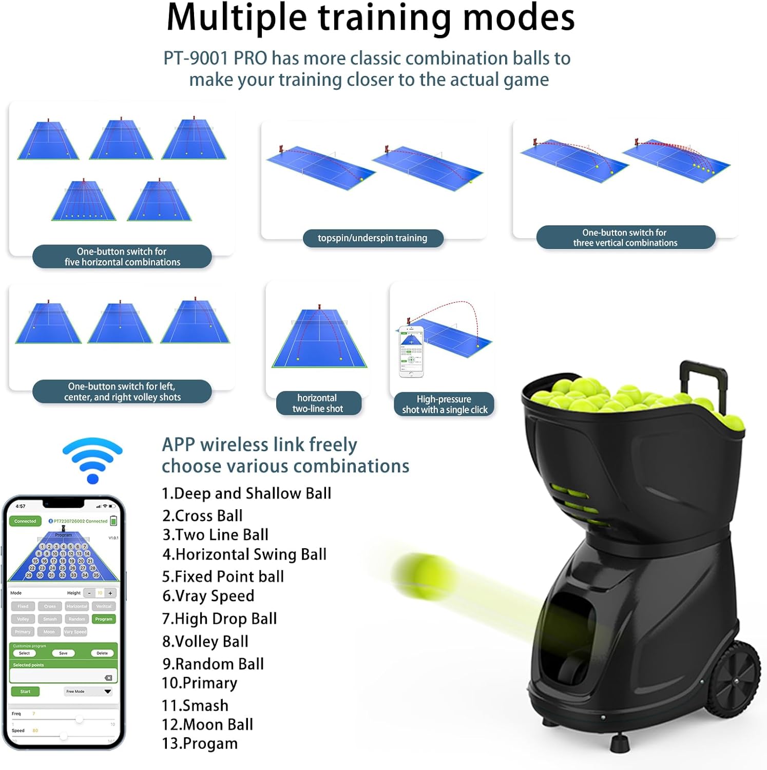 PT-9001 Programmable Variable-Speed Tennis Ball Machine | APP & for Apple Watch Control (12 Modes), MAX 140KM/H, 10Hr Battery, 6-Level Spin, 150-Ball Capacity — for Clubs & Advanced Players